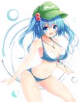  1girl between_breasts bikini blue_bikini blue_eyes blue_hair breasts cleavage contrapposto cowboy_shot front-tie_top hair_bobbles hair_ornament hat highres kawashiro_nitori key large_breasts looking_at_viewer open_mouth osashin_(osada) simple_background smile solo standing swimsuit touhou two_side_up white_background 