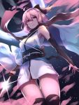  1girl bare_shoulders black_bow black_legwear bow fate/grand_order fate_(series) from_below goma0616 highres holding holding_sword holding_weapon looking_at_viewer okita_souji_(fate) orange_eyes pink_hair sash short_hair solo sword thigh-highs weapon 