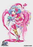  1girl blue_eyes blue_hair copyright_name earrings elbow_gloves flower frilled_skirt frills full_body gloves grey_background hair_flower hair_ornament heart heart_hair_ornament high_heels jewelry magical_girl makeup matsurika_youko official_art pink_skirt skirt smile standing standing_on_one_leg striped striped_gloves striped_legwear the_caster_chronicles watermark 