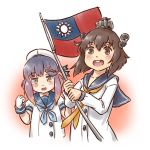  2girls blue_neckwear blue_ribbon brown_eyes brown_hair dress gloves gradient gradient_background gradient_hair hat holding_flag kantai_collection karasu_(naoshow357) looking_at_viewer multicolored_hair multiple_girls neckerchief orange_background orange_hair purple_hair republic_of_china_flag ribbon sailor_dress school_uniform serafuku short_hair short_hair_with_long_locks simple_background speaking_tube_headset tan_yang_(kantai_collection) tareme tsushima_(kantai_collection) upper_body violet_eyes white_background white_gloves yellow_neckwear yukikaze_(kantai_collection) 