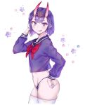  1girl :q black_panties blush cpqm eyebrows_visible_through_hair fate/grand_order fate_(series) headpiece highres horns long_sleeves looking_at_viewer navel no_pants oni oni_horns panties purple_hair sailor_collar short_hair shuten_douji_(fate/grand_order) smile solo thigh-highs tongue tongue_out underwear violet_eyes 