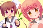  2girls absurdres bag bow brown_hair grass hair_bow highres holding ichinose_hana looking_at_viewer momochi_tamate multiple_girls official_art open_mouth orange_eyes outstretched_arm school_bag school_uniform slow_start smile violet_eyes 