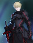  1boy armor armored_dress artoria_pendragon_(all) black_dress blonde_hair cosplay dark_excalibur dress eyebrows_visible_through_hair fate/prototype fate_(series) gauntlets hair_between_eyes holding holding_sword holding_weapon looking_at_viewer male_focus saber_(fate/prototype) saber_alter saber_alter_(cosplay) solo standing sword weapon yellow_eyes 