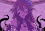  1girl blurry blush breasts cleavage commentary_request depth_of_field eyebrows_visible_through_hair flower gloves granblue_fantasy hair_between_eyes hair_flower hair_ornament hands_on_own_cheeks hands_on_own_face highres jewelry kakage long_hair looking_at_viewer necklace parted_lips purple rosetta_(granblue_fantasy) solo upper_body yandere_trance 