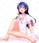  1girl arm_support bangs barefoot blue_hair blush commentary_request dress gloves hair_between_eyes hair_ribbon highres leg_up long_hair love_live! love_live!_school_idol_project open_mouth petals pink_dress ribbon shiranai_love_oshiete_love simple_background sitting smile solo sonoda_umi wewe white_background yellow_eyes 