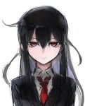  1girl agtt25333 black_hair blazer closed_mouth collared_shirt expressionless eyebrows_visible_through_hair hair_between_eyes hair_over_shoulder hatsushimo_(kantai_collection) highres jacket kantai_collection long_hair looking_at_viewer necktie red_eyes red_neckwear school_uniform shirt simple_background solo upper_body white_background 