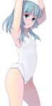  1girl :o aqua_hair armpits arms_up bangs bare_arms bare_shoulders blue_eyes blunt_bangs competition_swimsuit cowboy_shot erect_nipples eyebrows_visible_through_hair flat_chest highres long_hair looking_at_viewer masao one-piece_swimsuit original parted_lips shiny shiny_skin simple_background standing swimsuit thighs white_background white_swimsuit 
