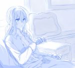  1girl bandage_on_face bed blue eyebrows_visible_through_hair hair_between_eyes hair_intakes hair_ribbon highres long_hair long_sleeves mechanical_arm mechanical_hands monochrome ribbon sitting solo violet_evergarden violet_evergarden_(character) viperxtr 
