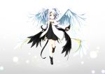  1girl angel angel_wings aoi_thomas bangs bare_shoulders black_dress black_footwear black_wings blue_eyes boots commentary_request dress eyebrows_visible_through_hair feathered_wings folded_ponytail grey_eyes hair_ornament heterochromia highres hood hood_down hooded_robe long_hair long_sleeves looking_at_viewer multicolored multicolored_eyes multiple_wings open_clothes open_robe original red_eyes robe silver_hair sleeveless sleeveless_dress sleeves_past_wrists solo standing standing_on_one_leg white_robe wide_sleeves wings 