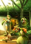  1girl :d bangs bare_arms bare_legs bare_shoulders blue_shorts blush breasts collarbone commentary_request dark_skin day fence flower flying food green_eyes green_footwear green_hair hair_flower hair_ornament hand_up hands_up highres holding holding_plate ladder leaf leafeon lilligant long_hair looking_at_another low_twintails lurantis mallow_(pokemon) no_legwear open_mouth outdoors overalls own_hands_together pancake pink_flower pink_shirt plant plate pokemon pokemon_(creature) pokemon_(game) pokemon_sm potted_plant pumpkaboo ribero rowlet shirt shoes short_shorts shorts signature sitting sleeveless small_breasts smile stairs standing steenee swept_bangs syrup tree twintails undershirt very_long_hair window wooden_fence wooden_floor 