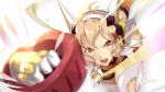  1girl ahoge anxflower blonde_hair blurry_foreground bodysuit brown_hair clenched_hand commentary_request determined foreshortening gauntlets gloves hair_ornament hairclip headphones highres leaning_forward looking_at_viewer open_mouth orange_eyes senki_zesshou_symphogear short_hair solo tachibana_hibiki_(symphogear) 
