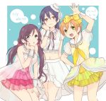  3girls arm_up bare_shoulders blue_hair blush closed_mouth commentary_request cowboy_shot frilled_skirt frills green_eyes hair_ornament hand_on_own_cheek hand_on_own_thigh hat highres hoshizora_rin lily_white_(love_live!) long_hair looking_at_viewer love_live! love_live!_school_idol_project low_twintails multiple_girls navel noujuu_serena open_mouth orange_hair purple_hair short_hair short_sleeves skirt smile sonoda_umi toujou_nozomi twintails yellow_eyes 