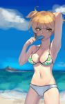  1girl absurdres arm_behind_head arm_up bare_shoulders beach bikini blue_sky breasts cleavage collarbone cowboy_shot day eating food girls_frontline green_bikini_top green_eyes highres holding holding_food horizon looking_at_viewer medium_breasts mismatched_bikini ocean outdoors popsicle romana short_hair sky standing swimsuit tsurime two_side_up water welrod_mk2_(girls_frontline) white_bikini_bottom 