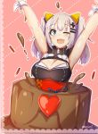 1girl animal_ears armpits arms_up bangs black_dress blue_eyes blush breasts cake candle cat_ears chocolate_cake cleavage cleavage_cutout dotted_line dress eyebrows_visible_through_hair fake_animal_ears food hair_ornament hairclip heart highres kaguya_luna kaguya_luna_(character) large_breasts long_hair looking_at_viewer myumi obi outline pink_background sash shiny shiny_skin sidelocks silver_hair sleeveless sleeveless_dress solo sweatband twintails twitter_username underbust upper_body white_outline 