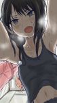  all_fours armpits arms black_hair black_shirt blush dripping droplet dutch_angle exhausted foreshortening from_below heavy_breathing highres hot idolmaster_shiny_colors indoors inu_chikushou kazano_hiori long_hair looking_at_viewer mole mole_under_mouth navel open_mouth shirt shirt_lift solo_focus stained_clothes sweat sweating sweaty tank_top track_suit violet_eyes wet 