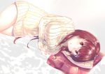  1girl breasts fate/grand_order fate_(series) highres large_breasts long_hair looking_at_viewer lying on_side open_mouth pillow purple_hair ribbed_sweater scathach_(fate/grand_order) shisuo solo sweater turtleneck turtleneck_sweater 