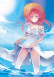  1girl blue_sky breasts choker cleavage clouds cloudy_sky commentary_request dress dress_lift hat highres in_water lifted_by_self long_hair looking_at_viewer memai ocean original red_eyes redhead sky solo sun_hat sunlight white_dress 