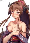  1girl alternate_costume bare_shoulders blush breasts brown_hair cleavage closed_mouth collarbone commentary_request covering covering_breasts embarrassed eyebrows eyebrows_visible_through_hair fingernails hair_between_eyes hair_intakes hand_on_own_chest headgear japanese_clothes kantai_collection kimono large_breasts long_hair looking_at_viewer nail_polish obi open_clothes open_kimono petals pink_eyes pink_nails ponytail red_kimono red_nails sakiyamama sash shiny shiny_skin simple_background solo striped striped_kimono twitter_username upper_body very_long_hair white_background wide_sleeves yamato_(kantai_collection) yukata 