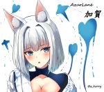 1girl amagami_(makise_tsubaki) animal_ears azur_lane blue_eyes breasts character_name cleavage commentary_request eyeliner fox_ears highres kaga_(azur_lane) looking_at_viewer makeup parted_lips short_hair simple_background solo translated white_background white_hair 
