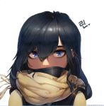  1girl 2015 artist_name bangs black_hair blue_eyes commission covered_mouth face_mask hair_between_eyes heart long_hair looking_at_viewer mask original romana scarf solo translation_request upper_body yellow_scarf 