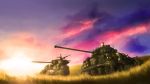  2girls arm_support bangs blonde_hair brown_hair brown_jacket clouds cloudy_sky commentary emblem english fongsaunder from_side girls_und_panzer grass ground_vehicle gun heart highres jacket kay_(girls_und_panzer) long_hair long_sleeves m4_sherman machine_gun military military_uniform military_vehicle motor_vehicle multiple_girls naomi_(girls_und_panzer) outdoors pointing saunders_(emblem) saunders_military_uniform sherman_firefly short_hair sky star sunset tank twilight uniform very_short_hair weapon weapon_request 