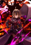  1girl ahoge armor armored_dress banner black_dress black_legwear blonde_hair chains dress eyebrows_visible_through_hair fate/grand_order fate_(series) gauntlets hair_between_eyes highres holding holding_sword holding_weapon jeanne_d&#039;arc_(alter)_(fate) jeanne_d&#039;arc_(fate)_(all) looking_at_viewer midi_hazapero short_hair solo standing sword thigh-highs weapon yellow_eyes 