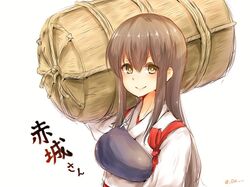  1girl akagi_(kantai_collection) armor brown_hair carrying_over_shoulder eyebrows_visible_through_hair japanese_clothes kantai_collection long_hair long_sleeves looking_at_viewer muneate raayu_(0u_rayu) sketch smile solo tasuki twitter_username yellow_eyes 