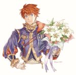  1boy absurdres armor blue_eyes cape eliwood_(fire_emblem) fire_emblem fire_emblem:_rekka_no_ken fire_emblem_heroes flower highres looking_at_viewer male_focus redhead short_hair smile solo tecchen white_background 