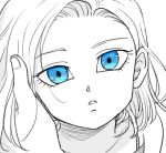  1girl android_18 blue_eyes dragon_ball dragonball_z expressionless eyebrows_visible_through_hair fingernails greyscale hands looking_at_viewer monochrome open_mouth pov short_hair simple_background solo_focus tkgsize white_background 