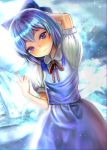 1girl bangs blue_bow blue_dress blue_eyes blue_hair bow cirno closed_mouth collared_shirt commentary_request dress hair_bow hand_in_hair head_tilt ice looking_at_viewer murasaki-raku peter_pan_collar puffy_short_sleeves puffy_sleeves shiny shiny_hair shirt shirt_under_dress short_hair short_sleeves sparkle touhou white_shirt 