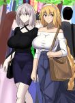  ahoge bag bare_shoulders blonde_hair braid breasts casual criss-cross_halter eyebrows_visible_through_hair fate/apocrypha fate/grand_order fate_(series) halterneck handbag headband jeanne_d&#039;arc_(alter)_(fate) jeanne_d&#039;arc_(fate) jeanne_d&#039;arc_(fate)_(all) jewelry large_breasts long_skirt miniskirt necklace shopping silver_hair single_braid skirt sweater takara_joney violet_eyes walking yellow_eyes 