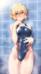  1girl black_swimsuit blonde_hair blush competition_swimsuit covered_navel cowboy_shot gluteal_fold green_eyes hand_on_own_chin highleg highleg_swimsuit highres mizuhashi_parsee one-piece_swimsuit ootsuki_wataru pointy_ears short_hair solo standing steam swimsuit tile_wall tiles touhou 