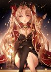  1girl :d absurdres animal bangs blonde_hair bow breasts collarbone earrings ereshkigal_(fate/grand_order) eyebrows_visible_through_hair fate/grand_order fate_(series) full_moon hair_bow highres holding jewelry junpaku_karen long_hair looking_at_viewer moon night night_sky open_mouth outdoors red_bow red_eyes single_thighhigh skull sky smile solo star_(sky) starry_sky thigh-highs tohsaka_rin two_side_up very_long_hair 