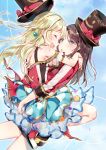  2girls bang_dream! bare_shoulders blonde_hair blue_eyes blush brown_hair closed_eyes earrings frilled_skirt frills hat hug jewelry joypyonn long_hair multiple_girls okusawa_misaki open_mouth ribbon skirt top_hat tsurumaki_kokoro 