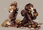  2girls black_hair book bouquet cloak fire_emblem fire_emblem:_kakusei fire_emblem_if flower hair_bun kanna_(fire_emblem_if) kneeling mark_(fire_emblem) momoppi multiple_girls pages scarf silver_hair smile tears 