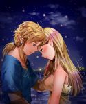  1boy 1girl bare_shoulders blonde_hair blue_eyes blue_shirt blush breasts brown_gloves closed_mouth clouds dress earrings fireflies gloves green_eyes half-closed_eyes hand_on_another&#039;s_chin highres horizon jewelry lake link lips long_hair looking_down low_ponytail medium_breasts night night_sky pointy_ears princess_zelda shiny shiny_hair shirt short_sleeves sidelocks sky straight_hair strapless strapless_dress the_legend_of_zelda the_legend_of_zelda:_breath_of_the_wild thick_eyebrows underbust upper_body wasabi_(legemd) water white_dress 