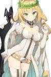  1girl aestus_estus ahoge applepie_(12711019) bangs bare_shoulders beltskirt blonde_hair blush breasts bridal_veil chains cleavage cowboy_shot detached_collar elbow_gloves eyebrows_visible_through_hair eyelashes fate/extra fate_(series) full-length_zipper gloves green_eyes hair_intakes head_wreath highres holding holding_sword holding_weapon leotard lock looking_at_viewer medium_breasts nero_claudius_(bride)_(fate) nero_claudius_(fate)_(all) padlock short_hair solo standing strapless strapless_leotard sword thigh-highs veil waist_cape weapon white_gloves white_legwear white_leotard wreath zipper zipper_pull_tab 