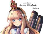  1girl amagami_(makise_tsubaki) azur_lane blue_eyes character_name crown gloves hairband highres light_brown_hair long_hair looking_at_viewer machinery mini_crown queen_elizabeth_(azur_lane) simple_background solo white_gloves 