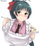  1girl absurdres antenna_hair apron aqua_hair bangs breasts collared_shirt frilled_apron frills green_eyes hair_ribbon highres holding holding_plate holding_spoon irako_(kantai_collection) kantai_collection kiritto long_hair long_sleeves looking_at_viewer medium_breasts necktie pink_shirt plate ponytail red_ribbon ribbon shiny shiny_hair shirt simple_background solo tareme twitter_username upper_body white_apron white_background wing_collar 