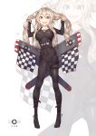  1girl :d ahoge arms_up bangs black_bodysuit blonde_hair blue_eyes blush bodysuit breasts buckle bunching_hair checkered checkered_flag collarbone covered_navel eyebrows_visible_through_hair flag full_body hair_ornament hairpin highres large_breasts legs_apart long_hair looking_at_viewer mechanical_wings open_mouth oppai_loli original shiny shiny_clothes sidelocks skin_tight skindentation smile solo standing sweat twintails white_background wings yong_mei-uta zoom_layer 