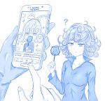  1boy 1girl :t ? breasts candy_apple cellphone chibi curly_hair eating food food_on_face gloves highres monochrome one-punch_man phone saitama_(one-punch_man) simple_background single_glove small_breasts smartphone tatsumaki viperxtr white_background 