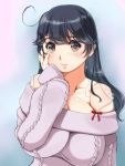  1girl artist_name bare_shoulders black_hair breasts brown_eyes cleavage collarbone hair_ornament hairclip highres huge_breasts kantai_collection kantori lips long_hair looking_at_viewer parted_lips signature solo sweater upper_body ushio_(kantai_collection) valentine 