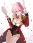  1girl artist_name black-framed_eyewear breasts choker cleavage collarbone fate/grand_order fate_(series) glasses highres holding leotard mash_kyrielight medium_breasts namii neck_ribbon pink_hair red_ribbon ribbon shielder_(fate/grand_order) shiny shiny_skin short_hair solo standing violet_eyes white_background 