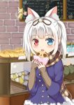  1girl :d absurdres animal_ears bakery bangs blue_coat blue_eyes blurry blurry_background blush bread brick_wall brown_ribbon brown_scarf cat_ears cat_girl cat_tail coat depth_of_field eyebrows_visible_through_hair food fur-trimmed_coat fur_trim hair_ribbon heterochromia highres holding holding_food indoors ju_(a793391187) long_hair long_sleeves open_mouth original plaid plaid_scarf red_eyes ribbon scarf shop silver_hair sleeves_past_wrists smile solo tail twintails 