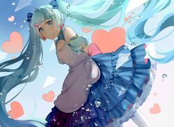  1girl absurdly_long_hair absurdres arm_strap arms_behind_back blue_bow blue_eyes blue_hair blue_skirt bow dress dutch_angle eyebrows_visible_through_hair floating_hair hair_between_eyes hair_bow hair_ornament hairclip hatsune_miku highres kakami_(pixiv7616827) layered_skirt long_hair skirt sleeveless sleeveless_dress solo standing striped striped_bow striped_skirt twintails very_long_hair vocaloid white_legwear 