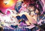  1girl anklet bare_shoulders bird black_feathers black_panties blue_footwear boots breasts brown_hair choker cleavage detached_sleeves eyebrows_visible_through_hair fate/grand_order fate_(series) full_moon gyaza head_tilt high_heel_boots high_heels ishtar_(fate/grand_order) jewelry legs_crossed looking_at_viewer midriff moon night outdoors panties parted_lips red_eyes small_breasts smile solo thigh-highs thigh_boots underwear 