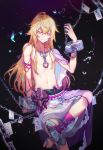  androgynous barefoot blonde_hair blush butterfly chains character_request closed_mouth copyright_request cuffs eyebrows highres long_hair looking_at_viewer luode_huayuan navel red_eyes shackles smile solo 