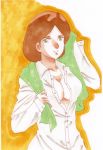  1girl ashira blouse breasts brown_hair cleavage commentary commentary_request dress_shirt emma_sheen green_eyes gundam highres marker_(medium) millipen_(medium) naked_shirt shirt short_hair traditional_media zeta_gundam 