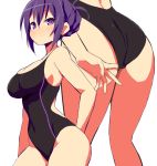  1girl 9law ass blush breasts character_request cleavage looking_at_viewer one-piece_swimsuit purple_hair simple_background solo swimsuit violet_eyes white_background 