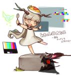  1girl barefoot chibi color_guide commentary_request dress food grey_hair horns hotaru_(htol#niq) htol#niq:_hotaru_no_nikki katabami38 long_hair mion_(htol#niq) o_o object_on_head omurice open_mouth red_eyes shadow solid_circle_eyes spoon standing standing_on_one_leg very_long_hair white_background white_dress 